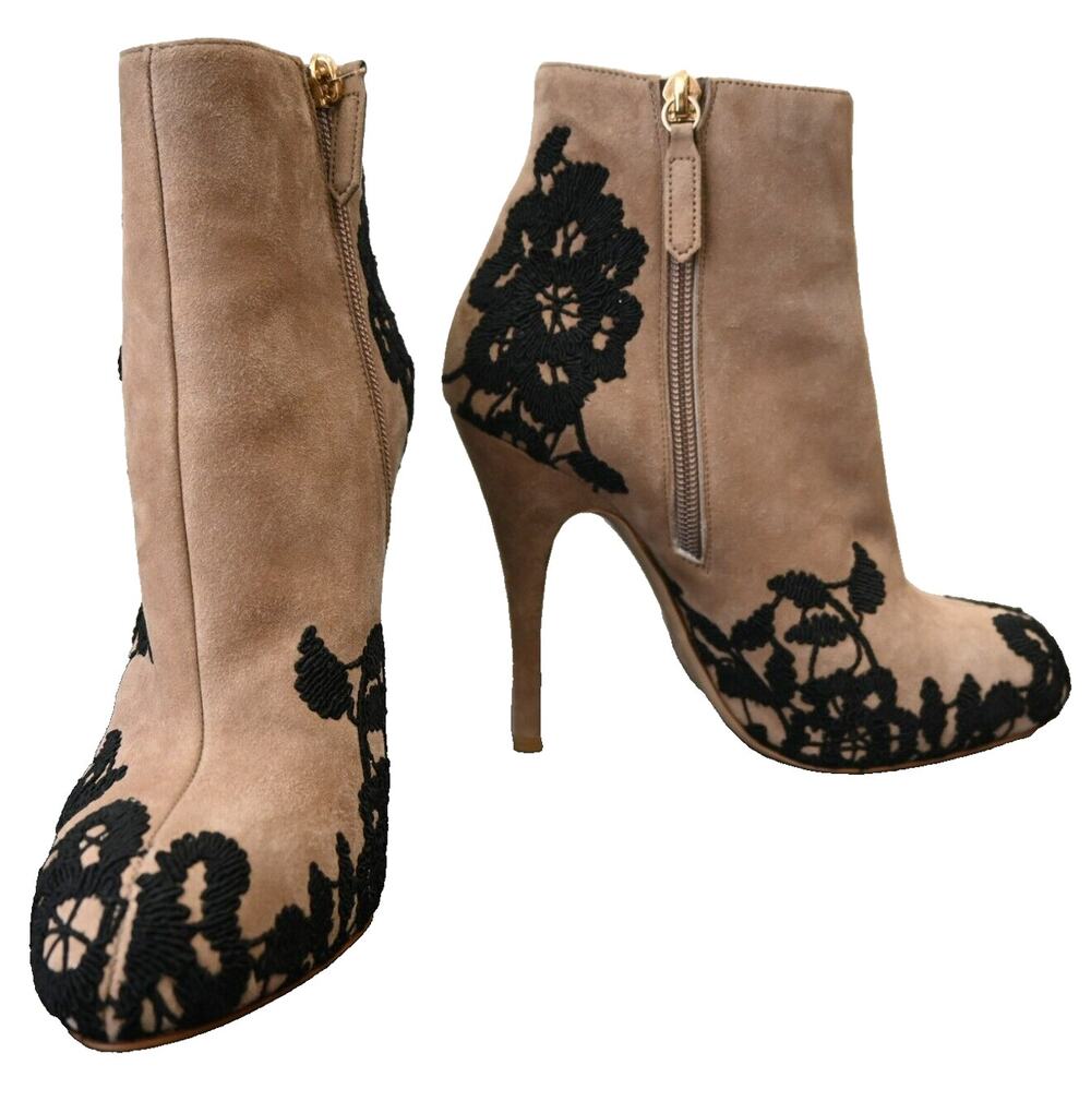 Valentino Garavani Light Brown Suede Floral Lace Heeled Zip Booties Size 37